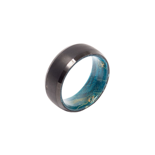 Ring in tungsten and blue infused maple wood