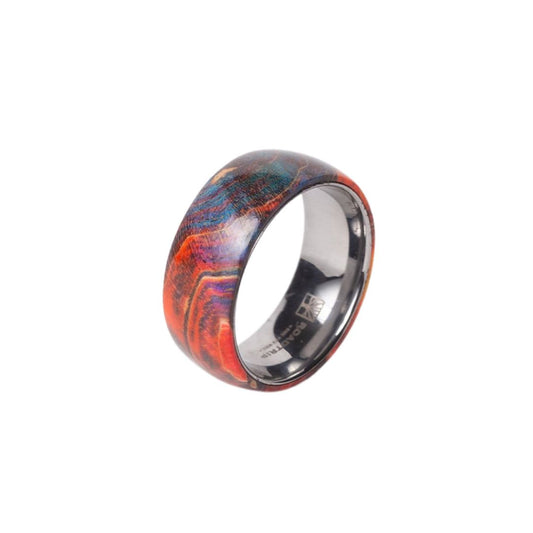 Ring in tungsten and multicolored infused maple wood